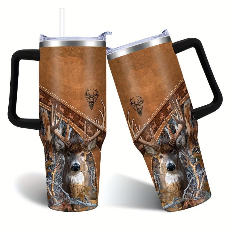

40oz rustic deer stainless steel insulated travel mug with handle and lid, double wall hunting coffee cup for car and outdoor 40oz
