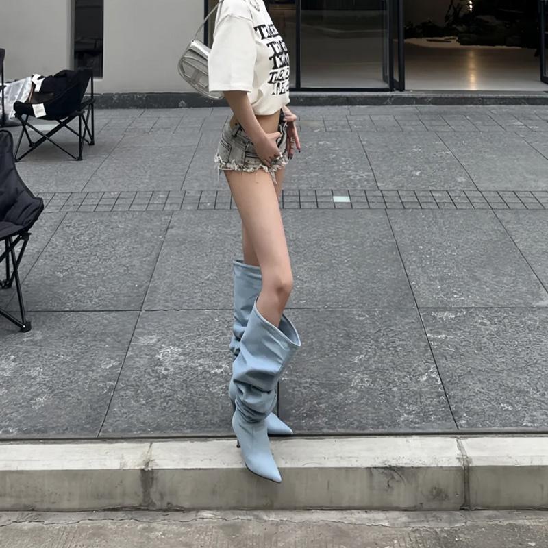 European and American Pointed Hot Girls Cowboy Pleated Piled Boots Women's New Big Tube Circumference Thin Heel High Heel Boots Knight Boots