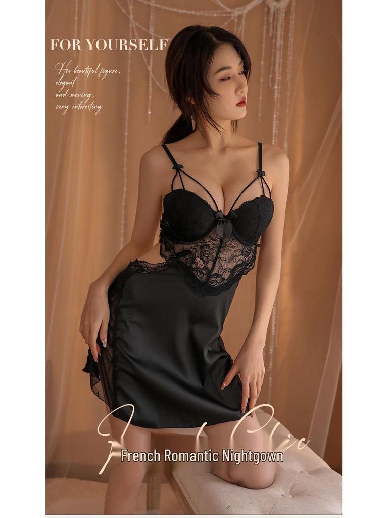 Ice Silk Lace Back Push-Up Nightgown - Spaghetti Strap Seductive Lingerie