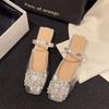 Baotou Half Slippers Women's Summer Wear Silver Rhinestone Sandals 3 Cm Small Heel Thick Heel Square Head Mueller French Sandals