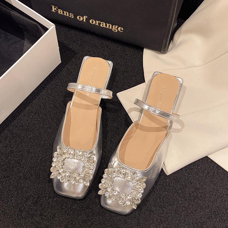 Baotou Half Slippers Women's Summer Wear Silver Rhinestone Sandals 3 Cm Small Heel Thick Heel Square Head Mueller French Sandals