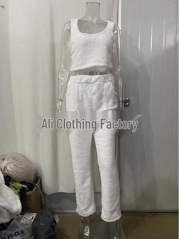 Chic V-neck Plush Three-piece Set: Vest, Long Pants & Suit for Women