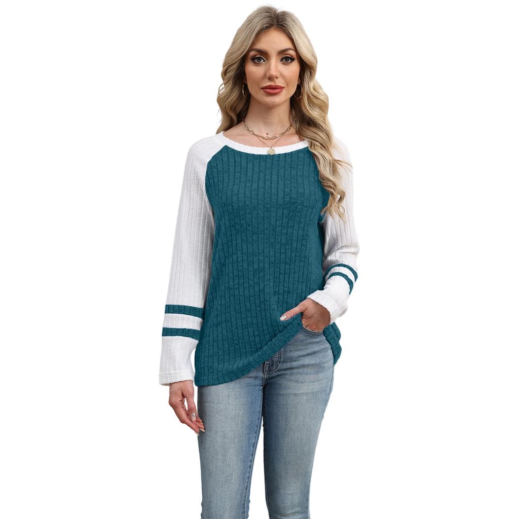 New Autumn and Winter Round-neck Off-the-shoulder Sleeve Knitted Top with Color-blocking and Patchwork Sweater