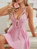 Lace Trimmed Mesh Babydoll Nightwear Adjustable Straps Soft Fabric Stretch Fit T-Back Panty Included Comfortable Sleepwear Set for Women
