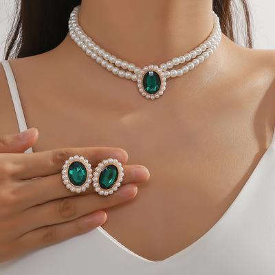 Vintage Imitationsperlenkette Ohrringe Schmuckset für Damen Smaragd Kristall Choker Bankett Braut Hochzeitsaccessoires