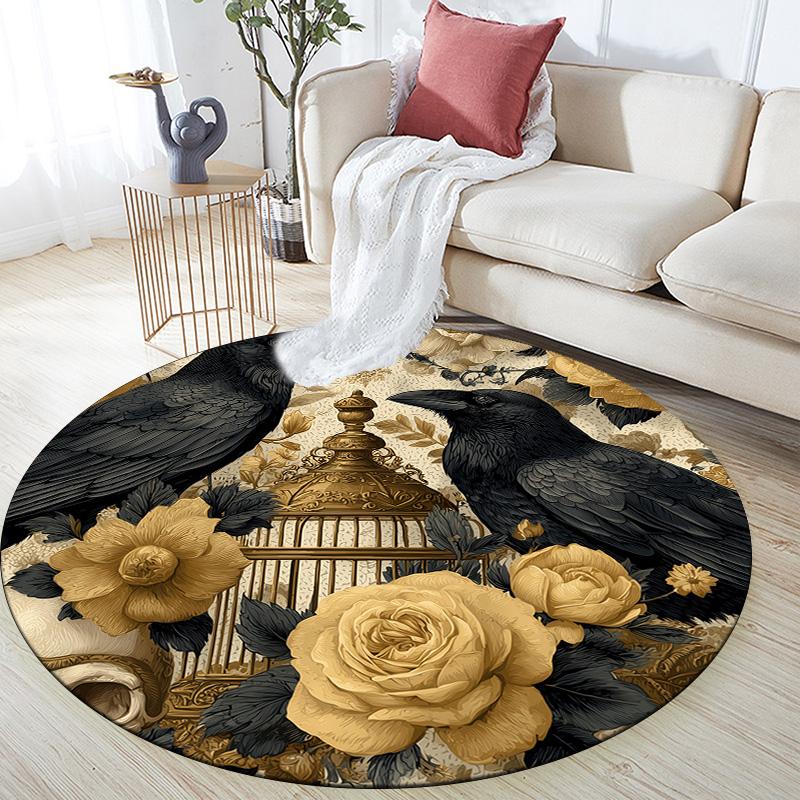 Flower Crow,Round Area Rug,Carpet Rug for Living Room Bedroom Sofa Playroom Decor,Non-slip Floor Mat
