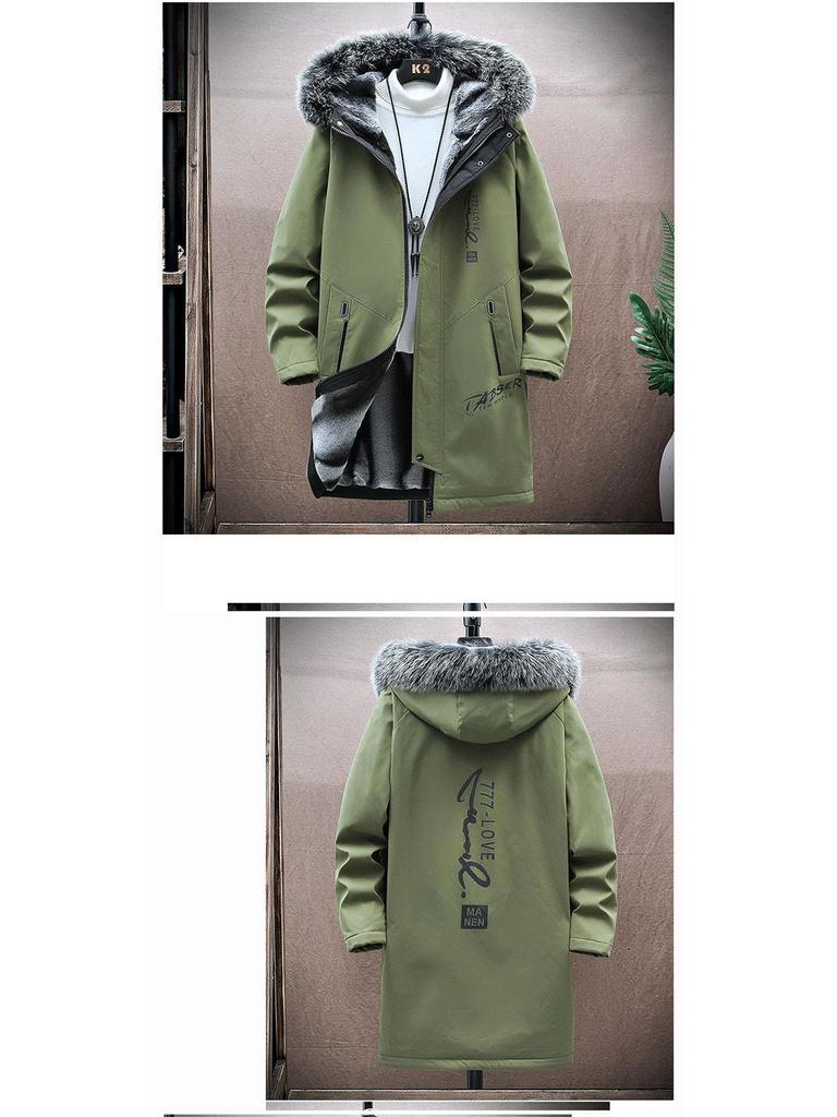Men's Winter Fleece-Lined Hooded Mid-Length Printed Cotton Coat - Trendy & Warm Casual Jacket
