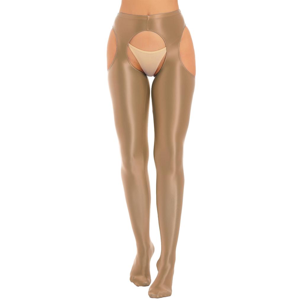 Womens Glossy Cutout Pantyhose Mid Waist Tights Crotchless Design Elastic Waistband Sheer Leggings Skinny Pants