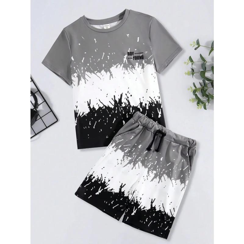 Stylish Summer Junior Alphabet Graphic Color Block T-shirt and Shorts Set