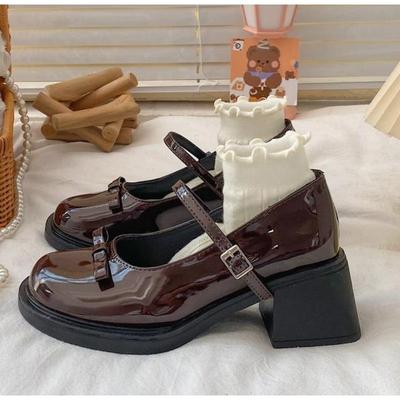 Damen Slipper Retro Braun Mary Jane Schuhe Damen Dicke Absätze Knöchelschnalle Lolita Schuhe Frau Uniform PU Leder Pumps Schuh
