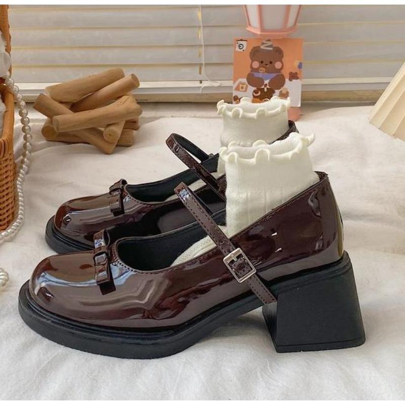 Women Loafers Retro Brown Mary Jane Shoes Women Thick Heels Ankle Buckle Lolita Shoes Woman Uniform Pu Leather Pumps Shoe