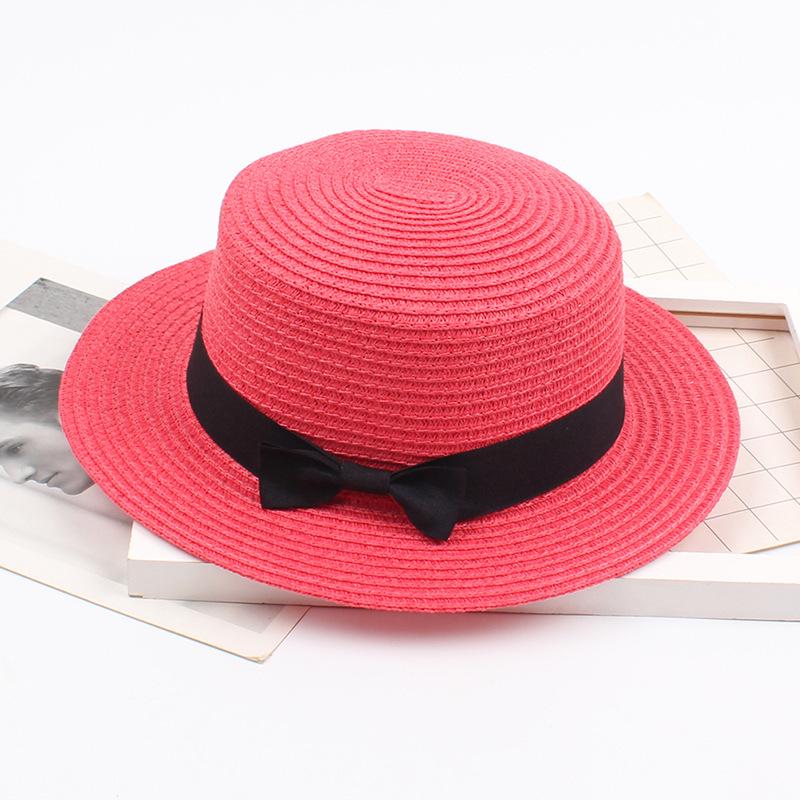 Korean Straw Hat - Retro Bow Flat Top Fedora for Spring & Summer Beach Days