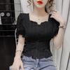 Summer New French Short-sleeved Ruffled Top Design Niche Square Collar Short Chiffon Top Women