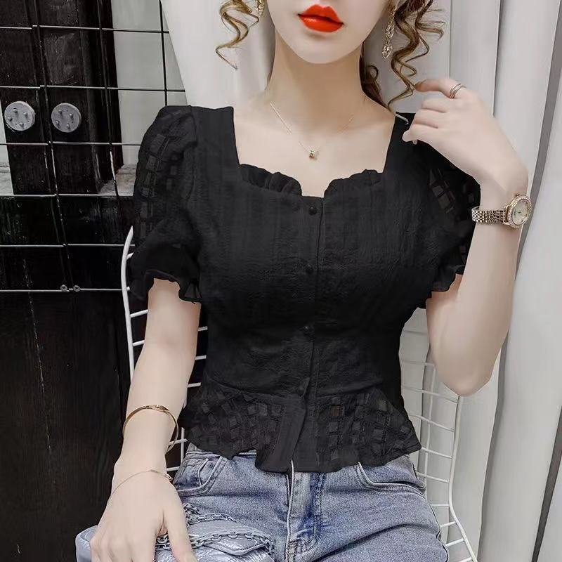 Summer New French Short-sleeved Ruffled Top Design Niche Square Collar Short Chiffon Top Women