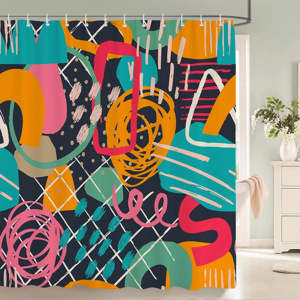 Abstract Bohemian Shower Curtain Medieval Minimalist Art Polyester Fabric Shower Curtain Bathroom Decoration Curtain with Hooks