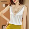 Camicette da donna in raso di seta allentato solido estivo Camicette da donna in pizzo ricamato Camicetta senza maniche con scollo a V Top femminile 13731