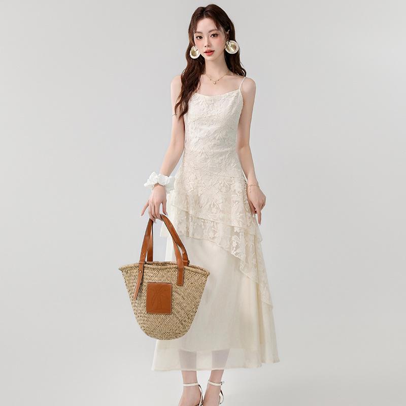 2026 Summer French Apricot Lace Embroidered Irregular Long Camisole Dress for Women