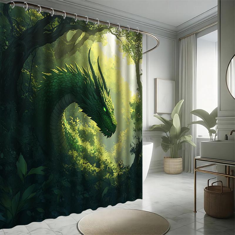 Dschungelgrünes Drachen Duschvorhang Set - Fantasie Drache, Voller Grünpflanzen, Polyester Stoff, Moderne Badezimmer Deko