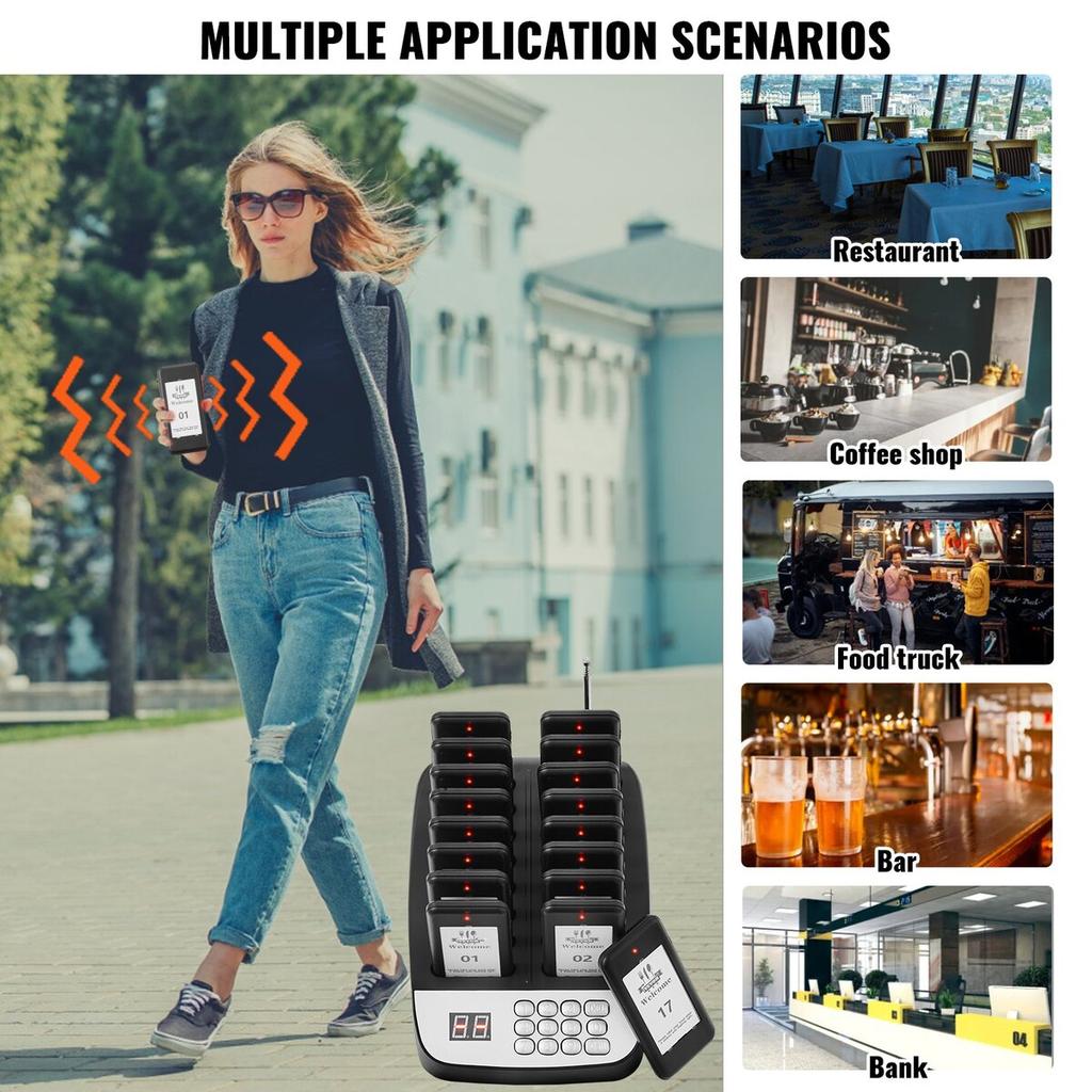 Restaurant-Pager-System, Kabellos 500m Reichweite Aufstell-Warteschlangen-Signal, Gäste-Kunden-Ruf-Piepser mit Vibration & Blinken, 16 Piepser