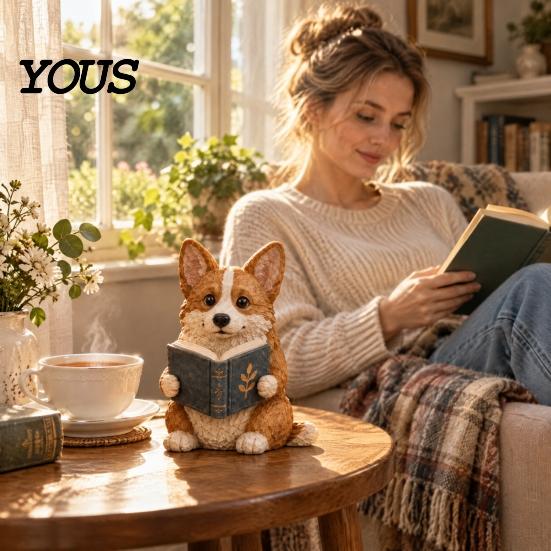 Resin Puppy Figurine Reading Dog Figurine, Cute Book Loving Sculpture for Bookshelf Nook Desk, Gift and Lovers