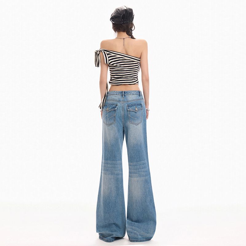 Spring Summer Vintage Blue Embroidery Relaxed Micro Flare Wide Leg Denim Pants For Ladies Casual Pants Oversize Denim Trousers