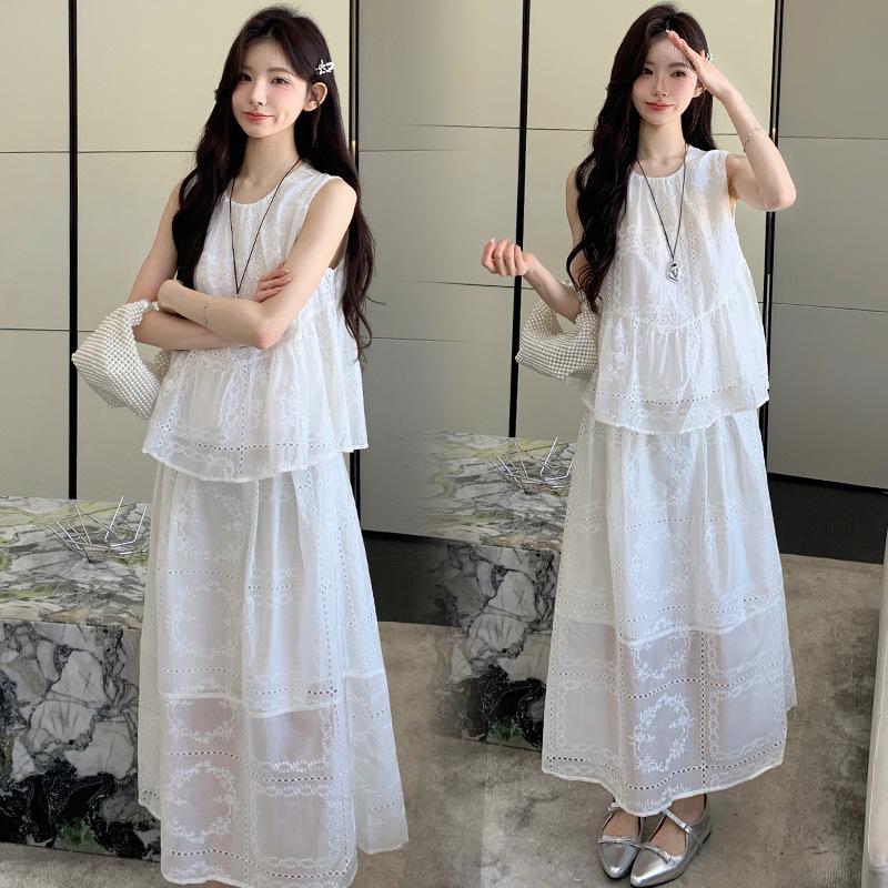 2026 Tencel Embroidered Sleeveless Maternity Doll Top & Skirt Set with Adjustable Pig Nose Buckle 2XL