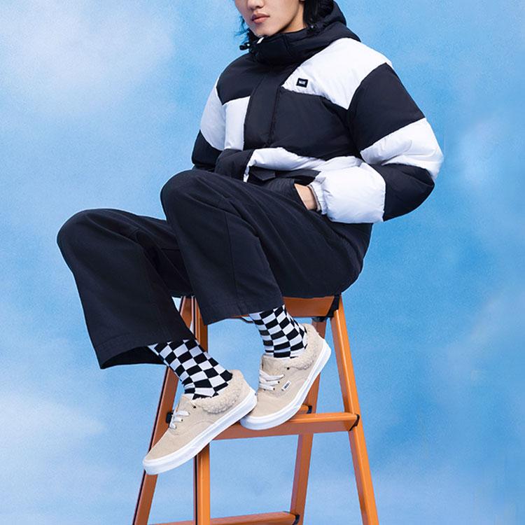 Vans Color Block Checkerboard Loose Fit Hooded Down Jacket Unisex Outerwear Black White VN0A7YIUBLK