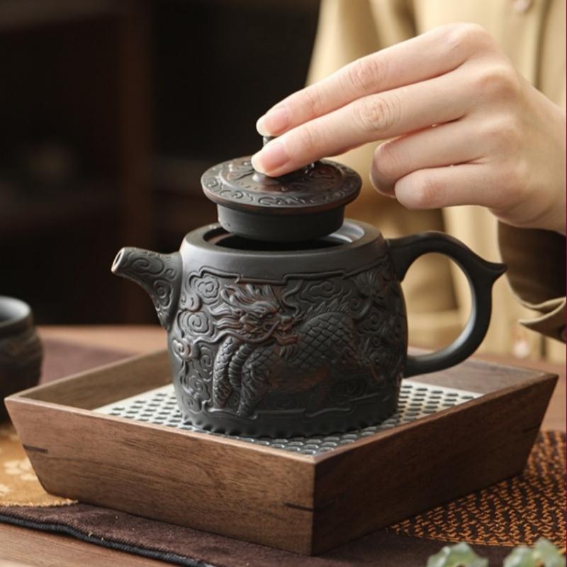 Jianshui Clay Purple Pottery Carving Dragon Teapot Hand Painted Antique Relief Teapot Household Teapot Kungfu Tea Set Kettle