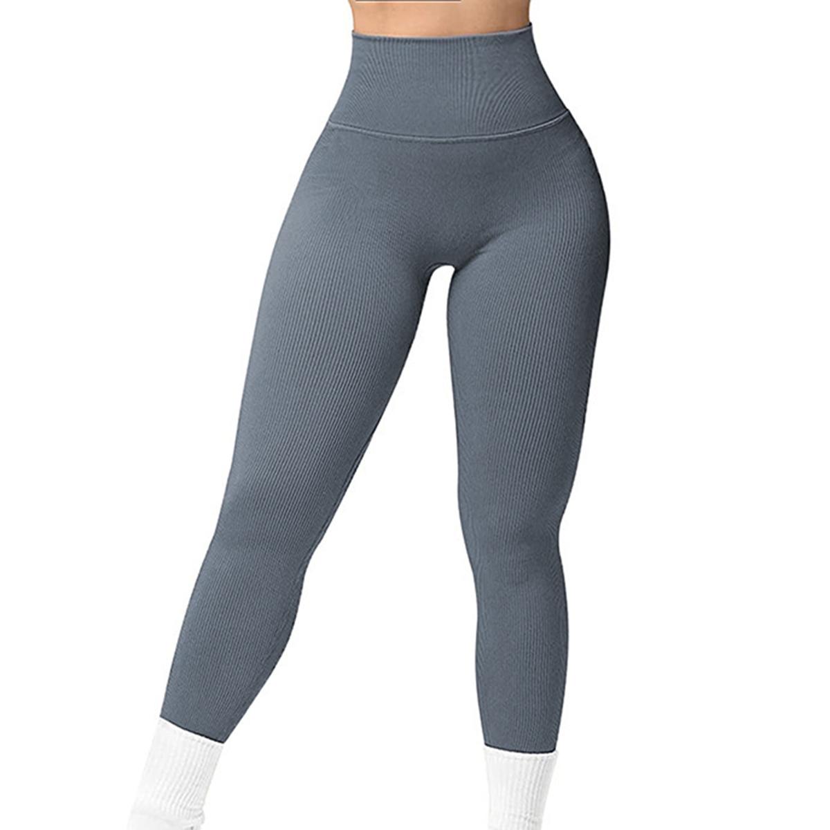 

Ребристые штаны для йоги, женские леггинсы с высокой талией для спортзала, однотонные спортивные бесшовные женские леггинсы для фитнеса, тренировки для бега, колготки для тренировок с контролем живота S серый