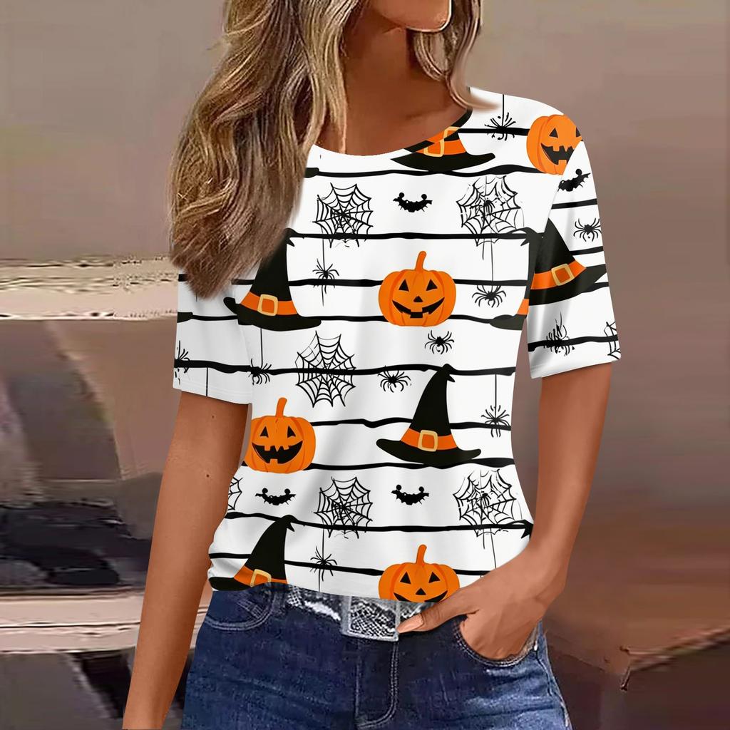Women's Casual Short Sleeve Pullover Top Halloween Pumpkin Ghost Bat Print Round Neck Loose Fit Shirt for Autumn