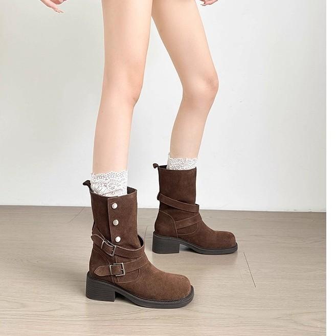 Belt Buckle Maillard Fold Two Wear Platform Short Boots Women's 2025 New Autumn and Winter Retro Slimming and Heightening Martin Boots