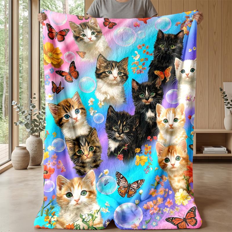 Kittens and Butterflies Theme blanket Lightweight Warm Flannel Blanket Decorative Throw Blanket for Home Decoration