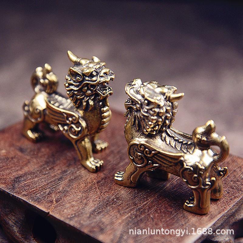 Brass Qilin Figurine Set Desk Home Office Living Room Decor Vintage Chinese Mythical Beast Ornament