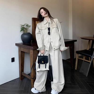 Korean Chic 2025 Women's Autumn Tracksuit: Loose Workwear Jacket & Wide-Leg Pants Two-Piece Set