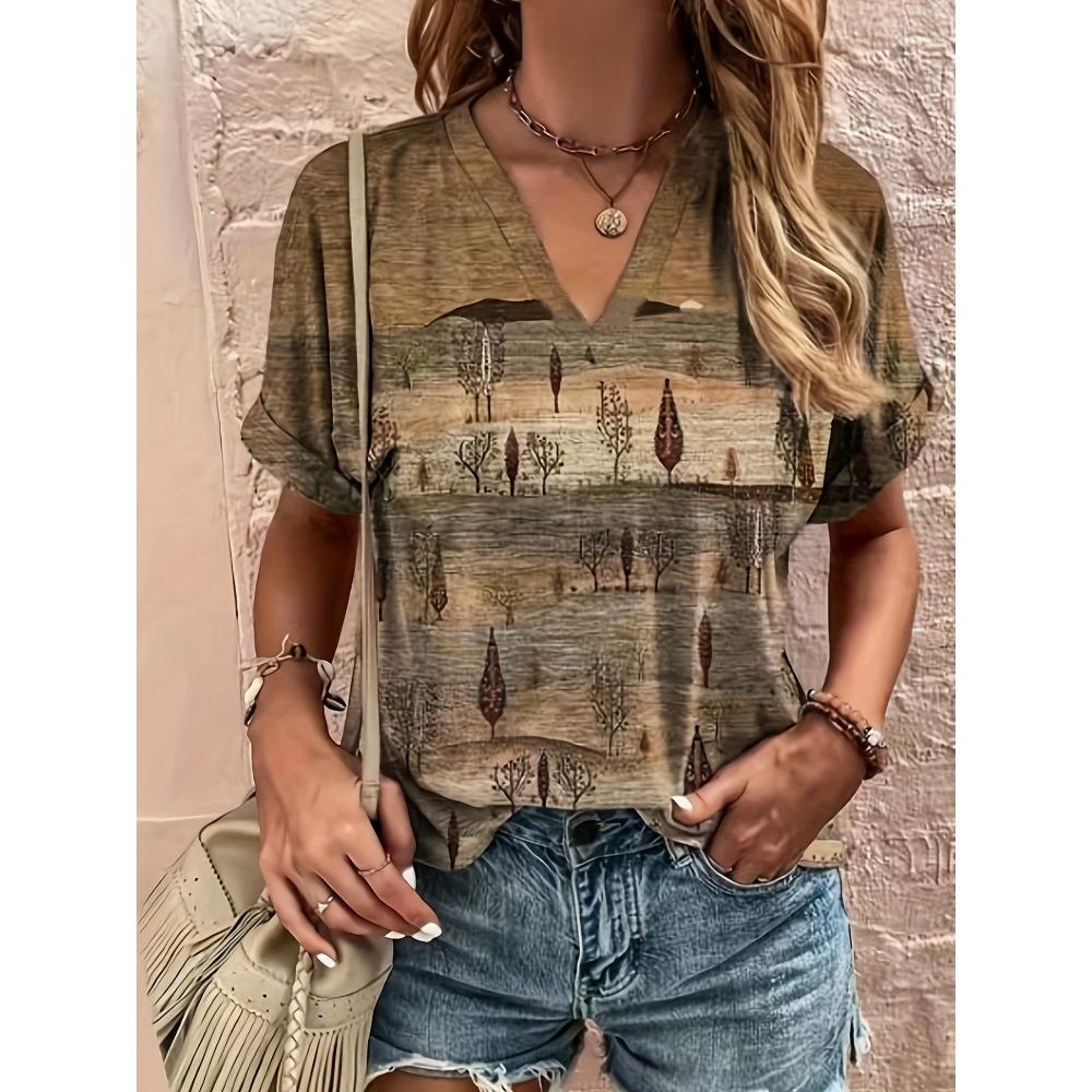 

Футболка большого размера для женщин с V-образным вырезом и отложным рукавом - свободная блузка с этническим цветочным принтом, модный и элегантный летний повседневный топ XL