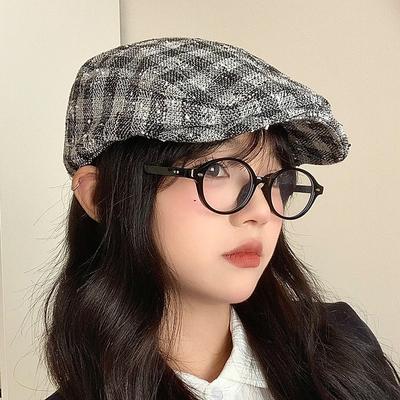 Japanischer Herbst- und Winter-Vielseitiger Vorne-Hut Zeigt Gesicht Kleine Karos Baskenmütze für Damen Retro Baumwolle Atmungsaktiv Literarischer Malerhut