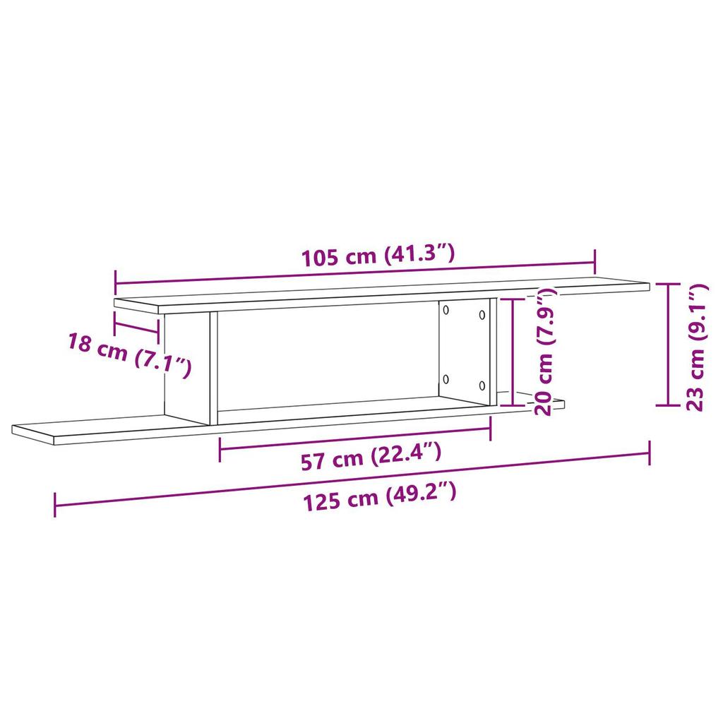 Wall-mounted decorative shelf for decorative storage display in bathroom, living room and hallway, 125x18x23 cm