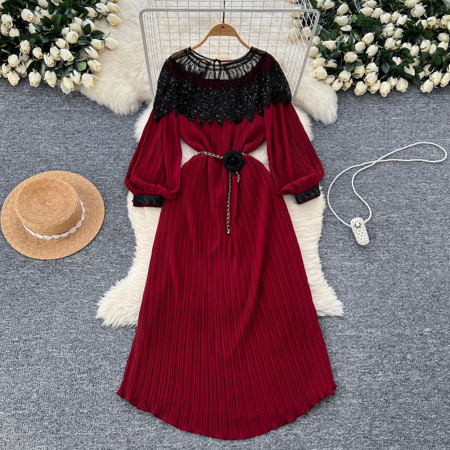 

Vintage Court Style Autumn Heavy Industry Sequined Embroidered Long Pleated Bubble Sleeve Dress Women s Pleated Skirt M бордовий