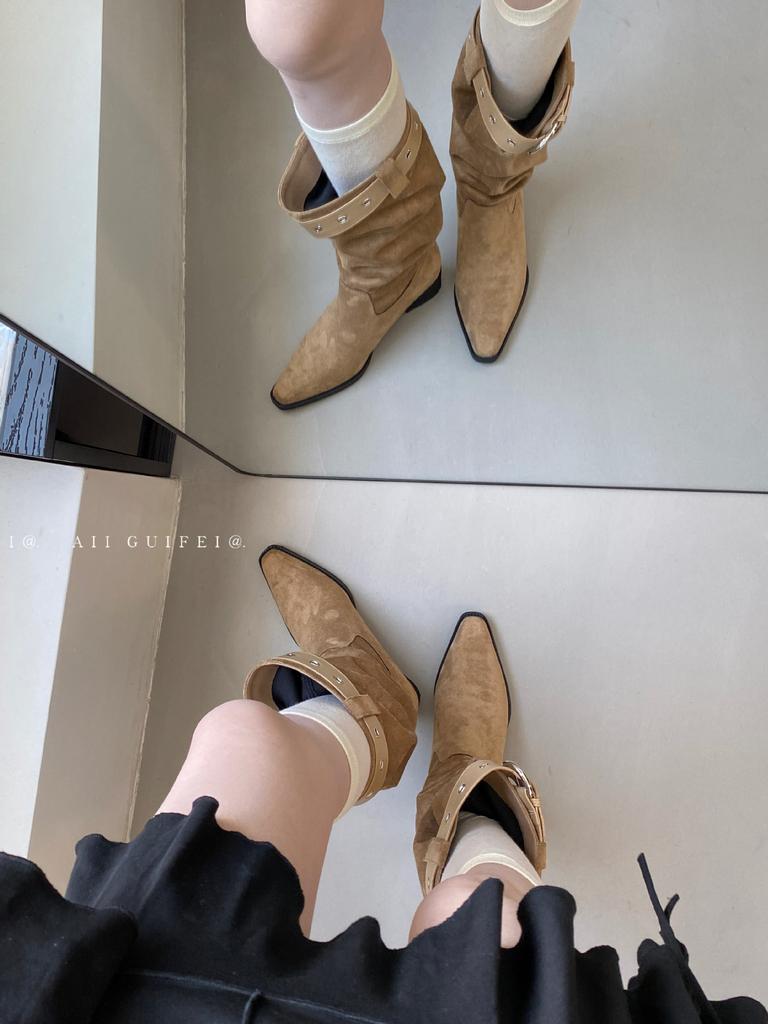 2025 Winter New Round Head Thick Heel Belt Buckle Locomotive Women's Short Boots Versatile Tall Tube Fashion Thin Boots Western Women's Boots