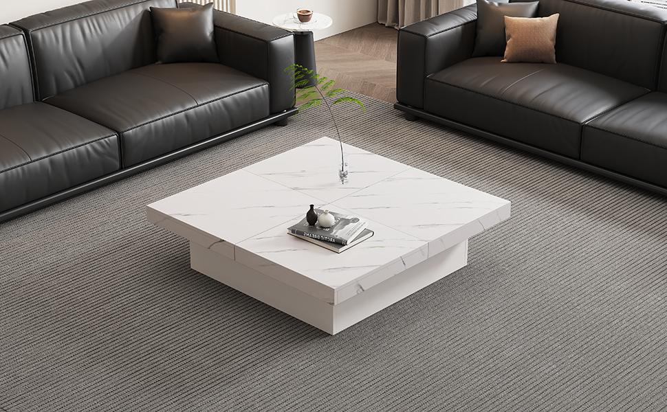 Table Basse Carrée Blanche Moderne Aspect Marbre, 90 x 90 x 25 cm – Quatre Tiroirs, Plateau Coulissant, Capacité de Charge jusqu'à 30 kg