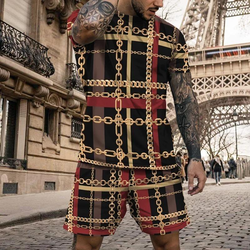 Summer Men's T-Shirt Set Gold Pattern 3D Print T-shirt Shorts 2-piece Set Elegant Casual Clothes Street Baroque T-shirt top