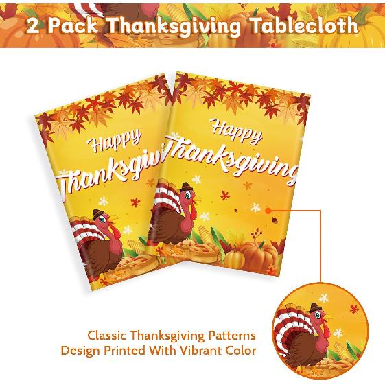 2 Pcs Happy Thanksgiving Tablecloth Disposable - Fall Turkey Tablecloths, Rectangle Pumpkin Maple Leaf Plastic Table Cover for Thanksgiving Table