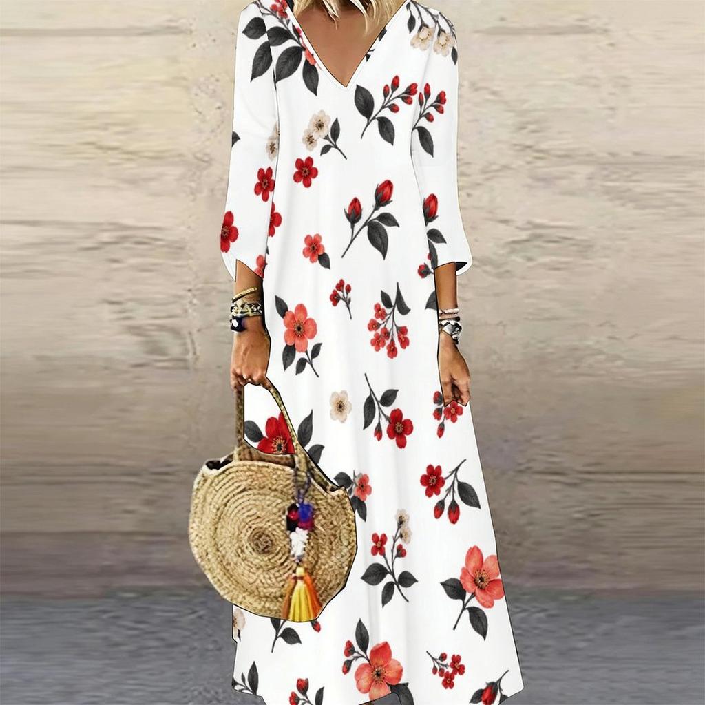 Women Plus Size V Neck Three Quarter Sleeve Floral Printed Long Maxi Dress