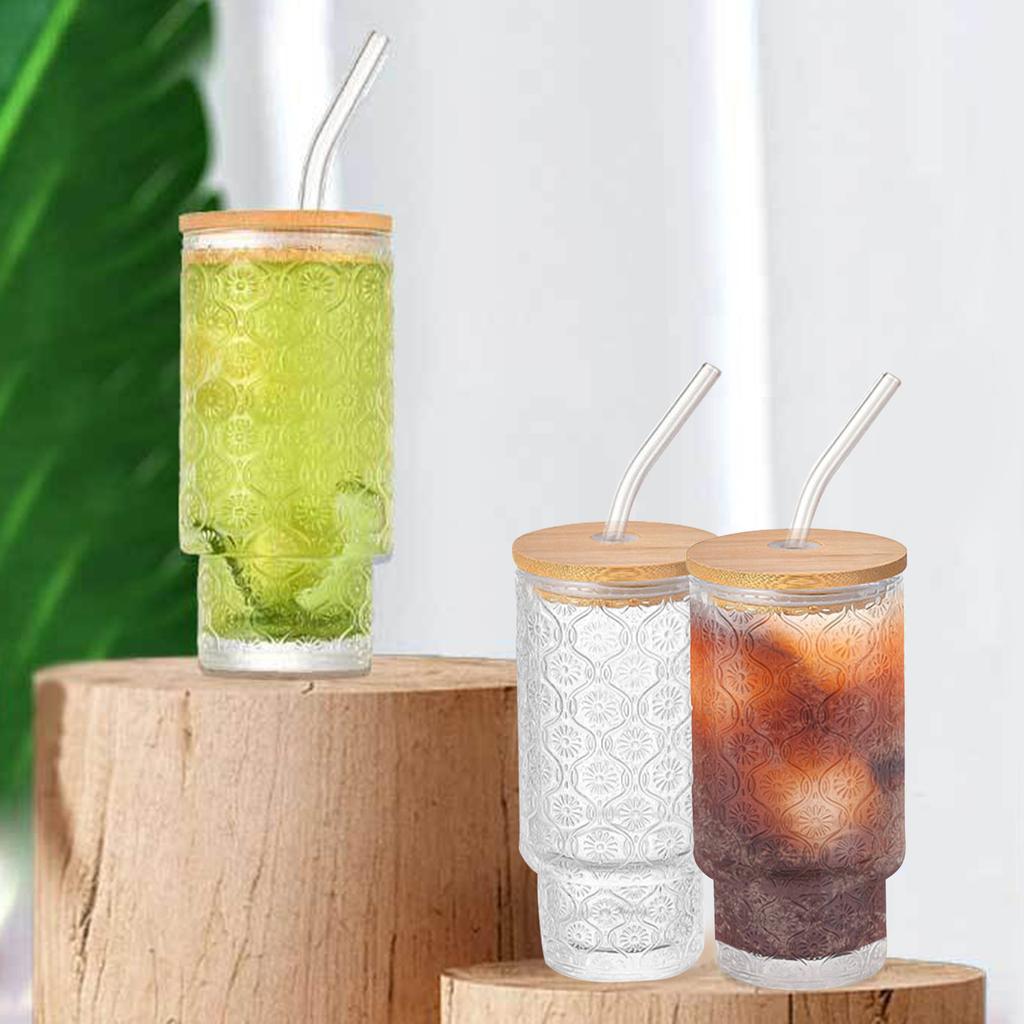 Beautiful Begonia Pattern Cup Reusable Glass Tumbler with Lid and Straw Perfect for Iced Coffee and Cold Beverages