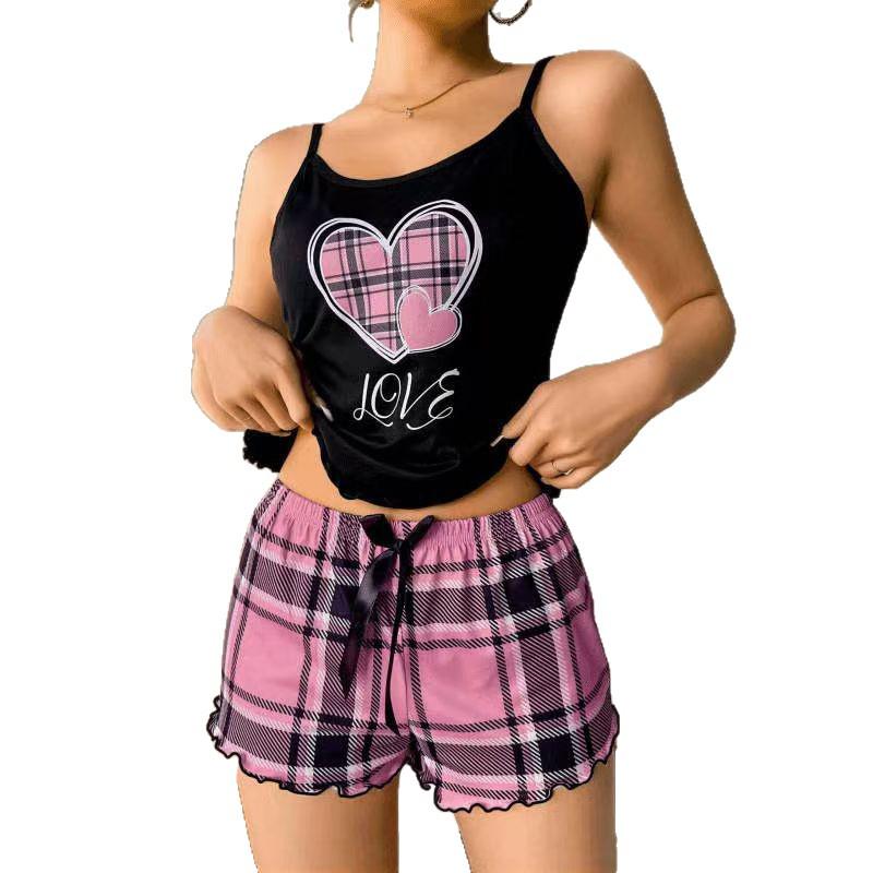 European & American Style Milk Silk Print Camisole & Shorts Pajama Set