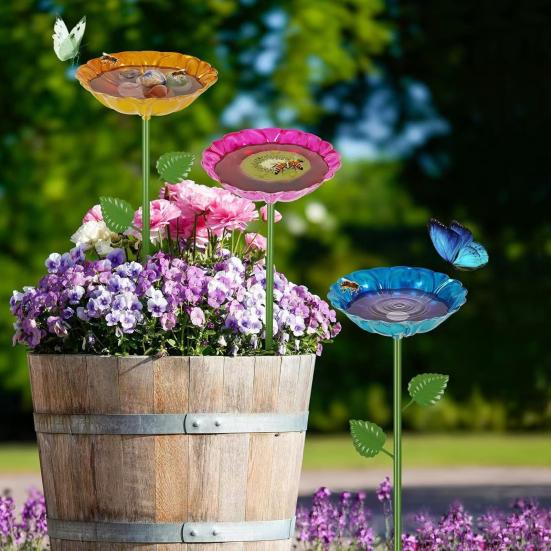 4Pcs Metal Flower Bird Baths, Garden Stake Bee Water Feeder, Outdoor Pollinators Cup, Bee Drinking Station Feeder Tray for Hummingbirds Butterflies