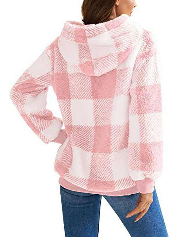 Peluş Kapüşonlu Ekose Mont - Yeni 2025 İlkbahar/Sonbahar Uzun Kollu Model