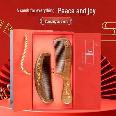 Premium Black Gold Sandalwood Comb: Hand-Painted, Anti-Static, Portable Hair Styling Comb with Gift Box for Women.