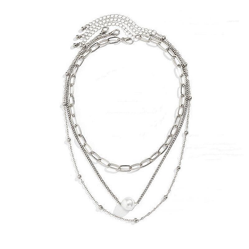 Hip-hop Metal Multi-layer Collarbone Chain Neck Chain Female, Simple and Versatile Copper Bead Chain Pearl Necklace