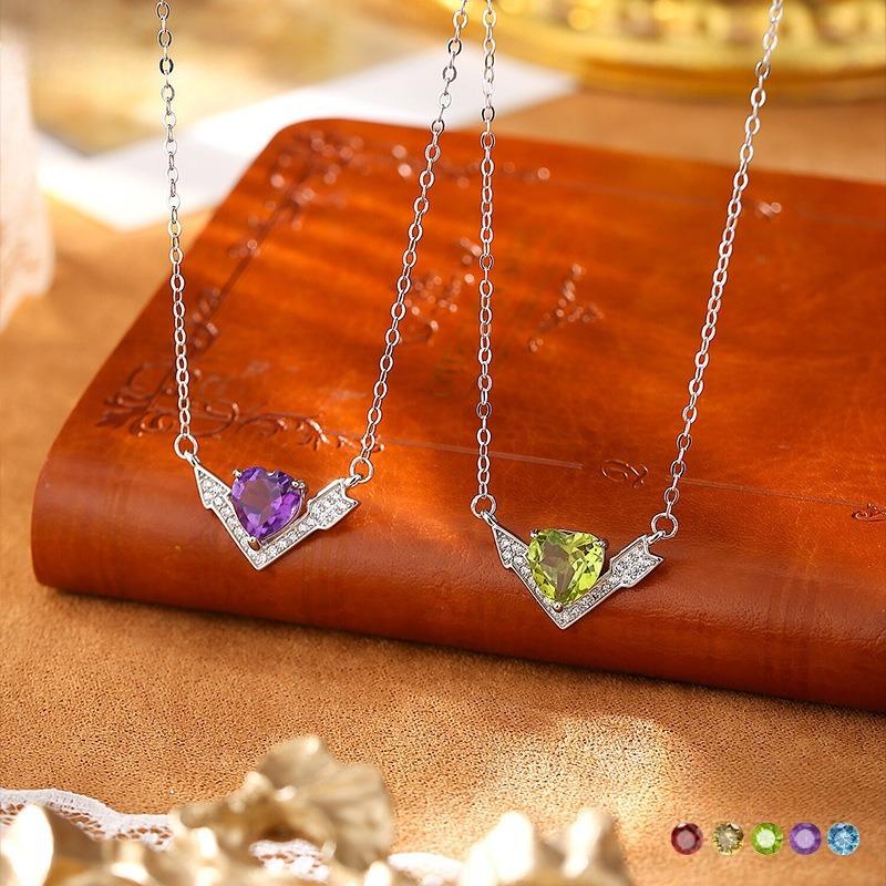 S925 Sterling Silver Arrow Through Heart Necklace Peridot Crystal Stone Cupid Collarbone Chain Valentine's Day Birthday Jewelry Gift for Women